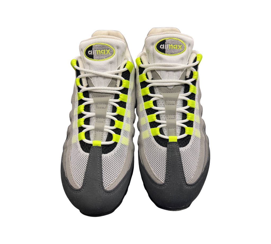 Genesis Boutique Air Max 95 Neon Green sneakers in grey, white, and black with vibrant lime green lace loops.