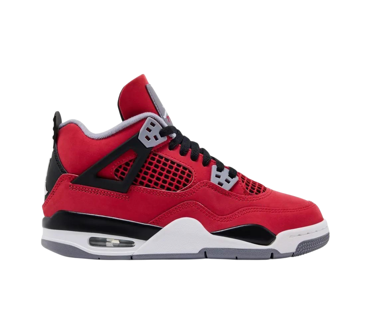 Genesis Boutique Jordan 4 GS Toro Bravo sneakers in red nubuck with black and grey accents and visible air unit