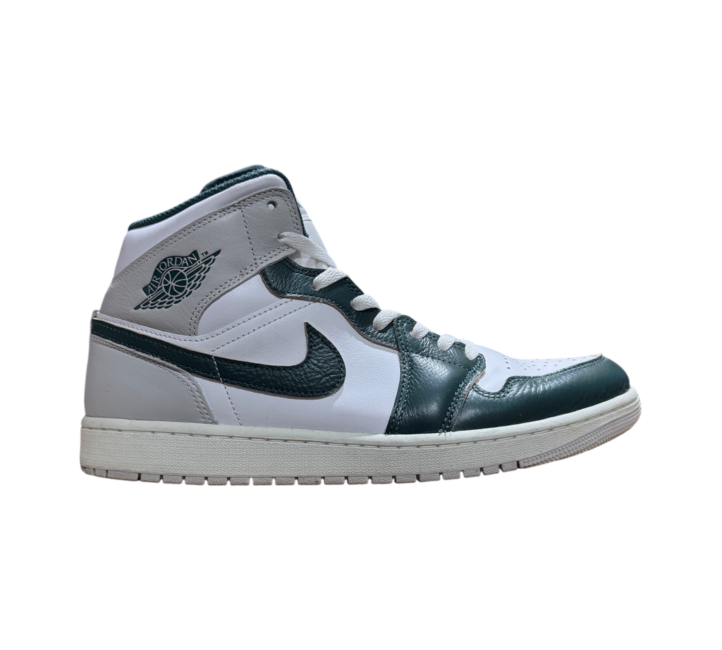 Genesis Boutique Jordan 1 Mid Oxidized Green sneakers in white, grey, and dark green leather side profile view