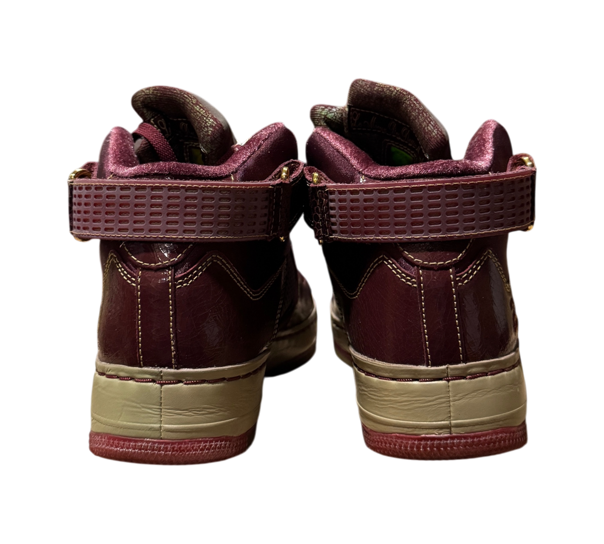 Genesis Boutique Jordan 5 Fusion Wine & Grind sneakers showing the back view with burgundy leather and ankle straps.