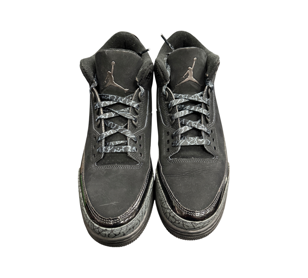 Genesis Boutique Jordan 3 Black Cat sneakers in black nubuck with elephant print overlays and patterned laces