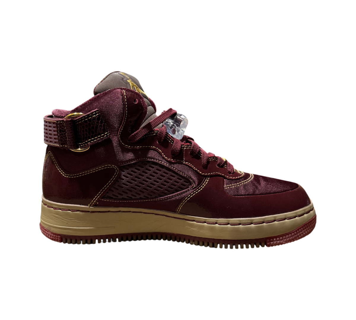 Genesis Boutique Jordan 5 Fusion Wine & Grind sneakers in deep burgundy with gold accents and a tan midsole