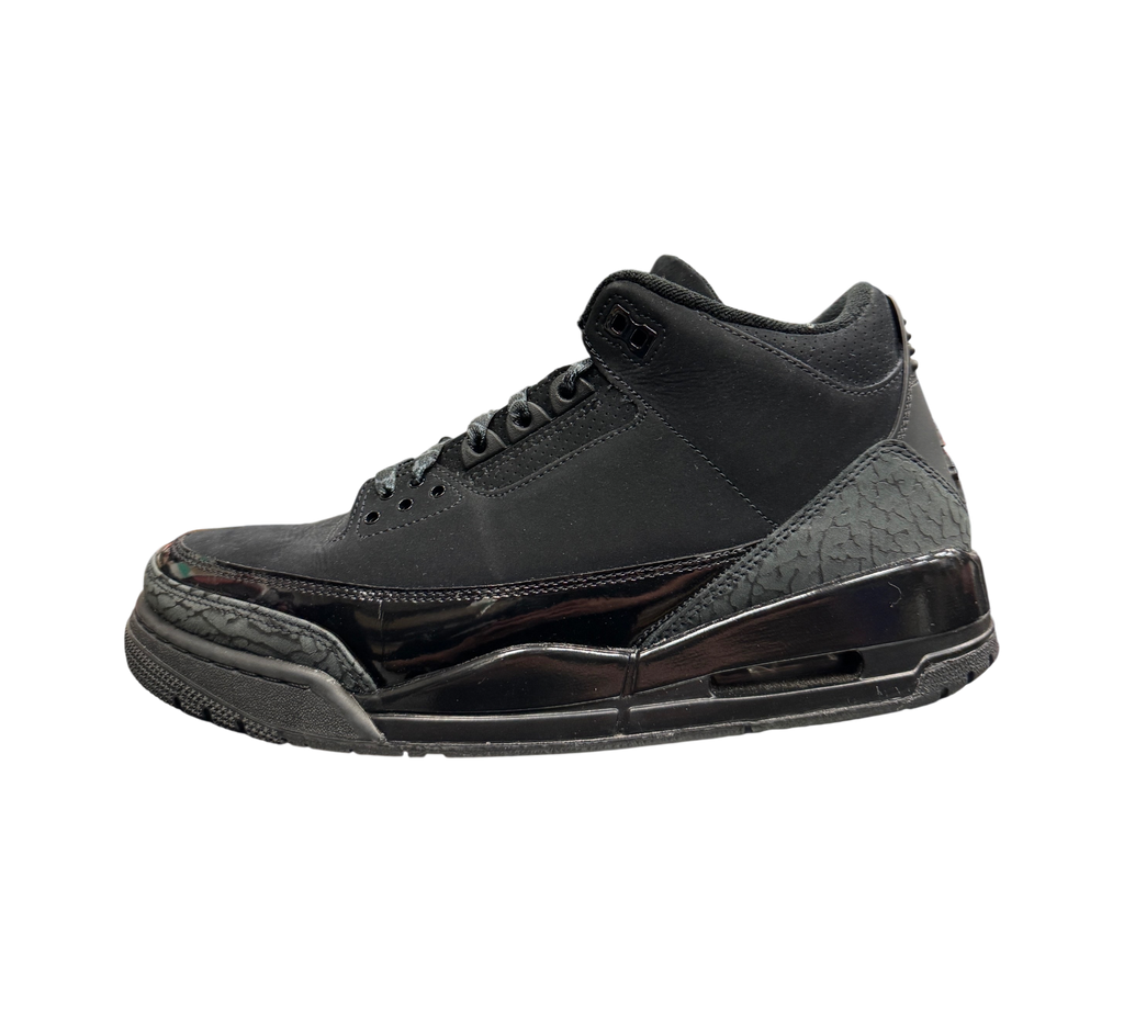 Genesis Boutique Jordan 3 Black Cat sneakers in all-black nubuck and patent leather with iconic elephant print detail.