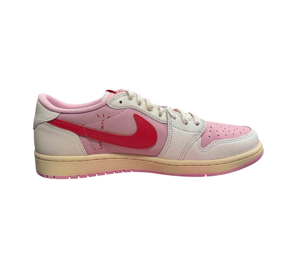 Genesis Boutique Jordan 1 Low Travis Scott Tropical Pink sneaker with white leather and pink accents on display