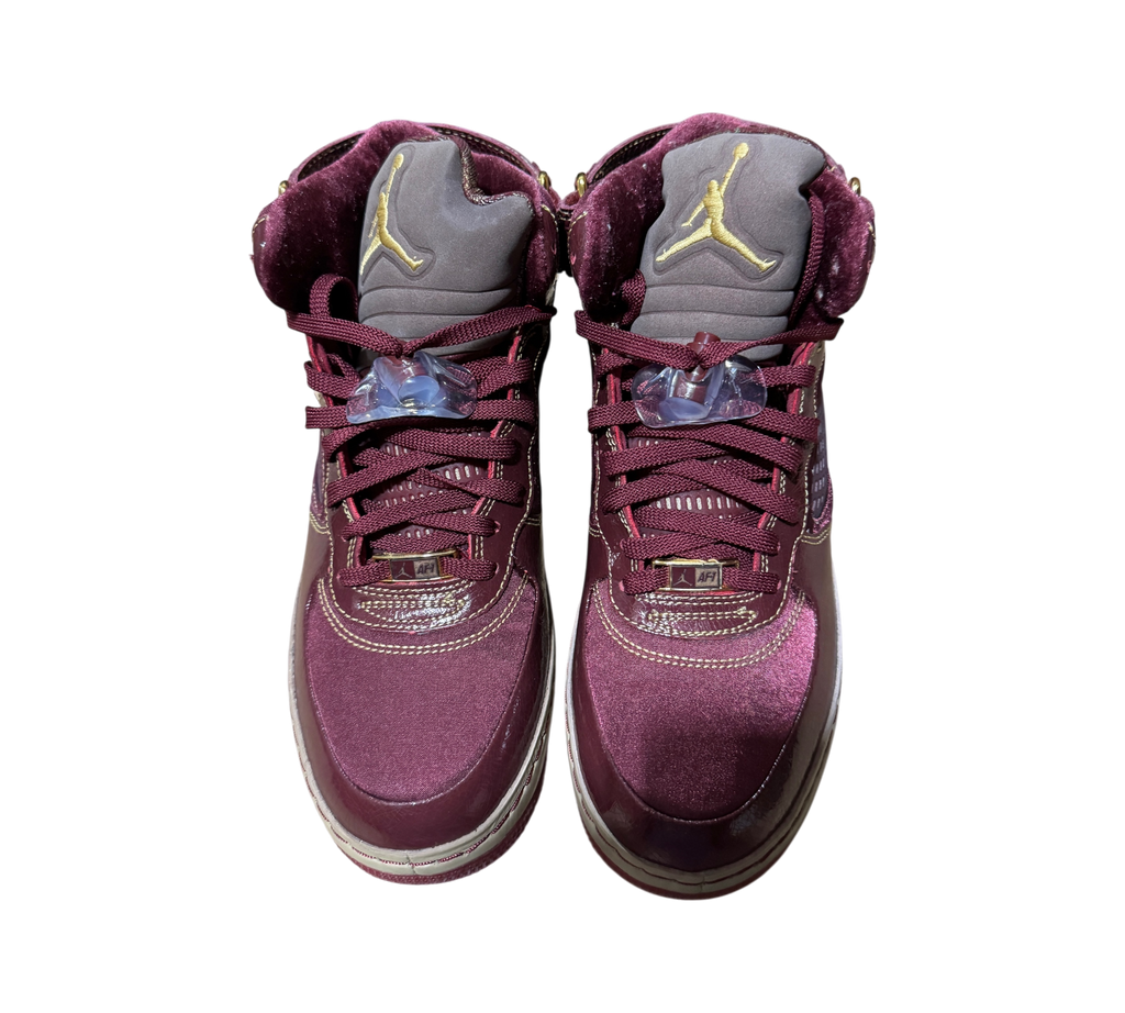 Genesis Boutique Jordan 5 Fusion Wine and Grind sneakers in burgundy satin with gold Jumpman logo and lace dubraes
