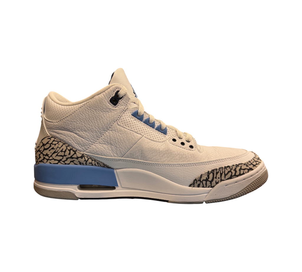 Genesis Boutique Jordan 3 UNC sneakers in white leather with university blue accents and iconic elephant print detail