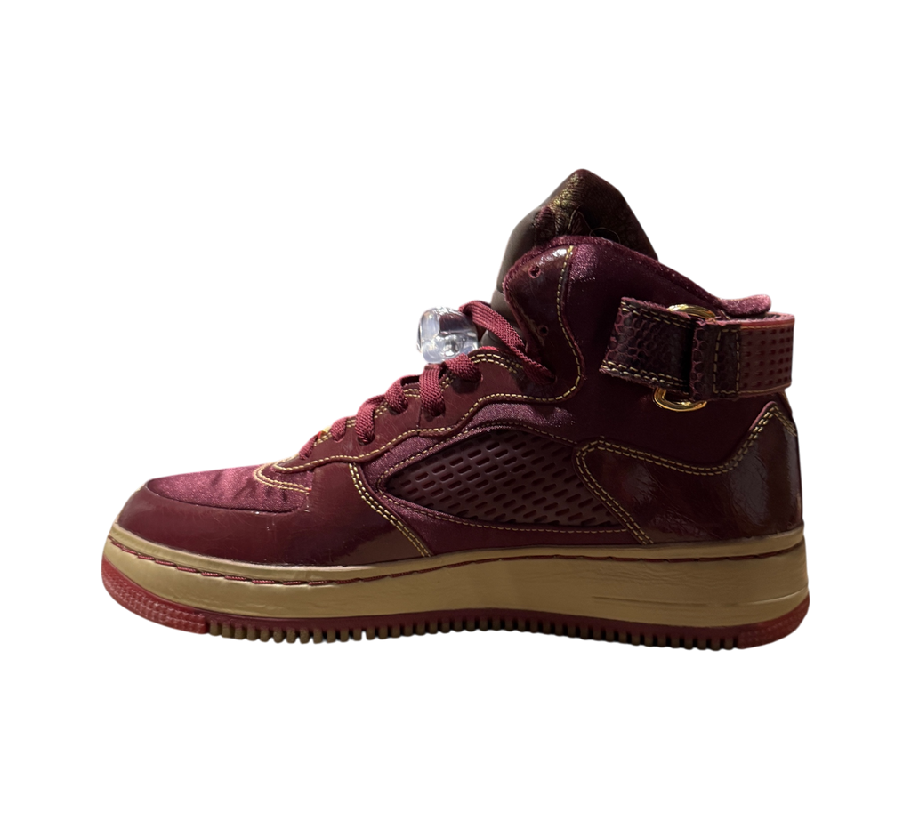 Genesis Boutique Jordan 5 Fusion Wine and Grind sneakers in deep burgundy with gold stitching and tan midsole