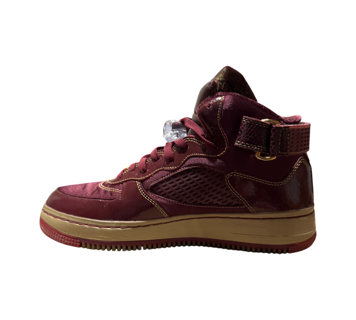 Genesis Boutique Jordan 5 Fusion Wine and Grind sneakers in deep burgundy with gold stitching and tan midsole