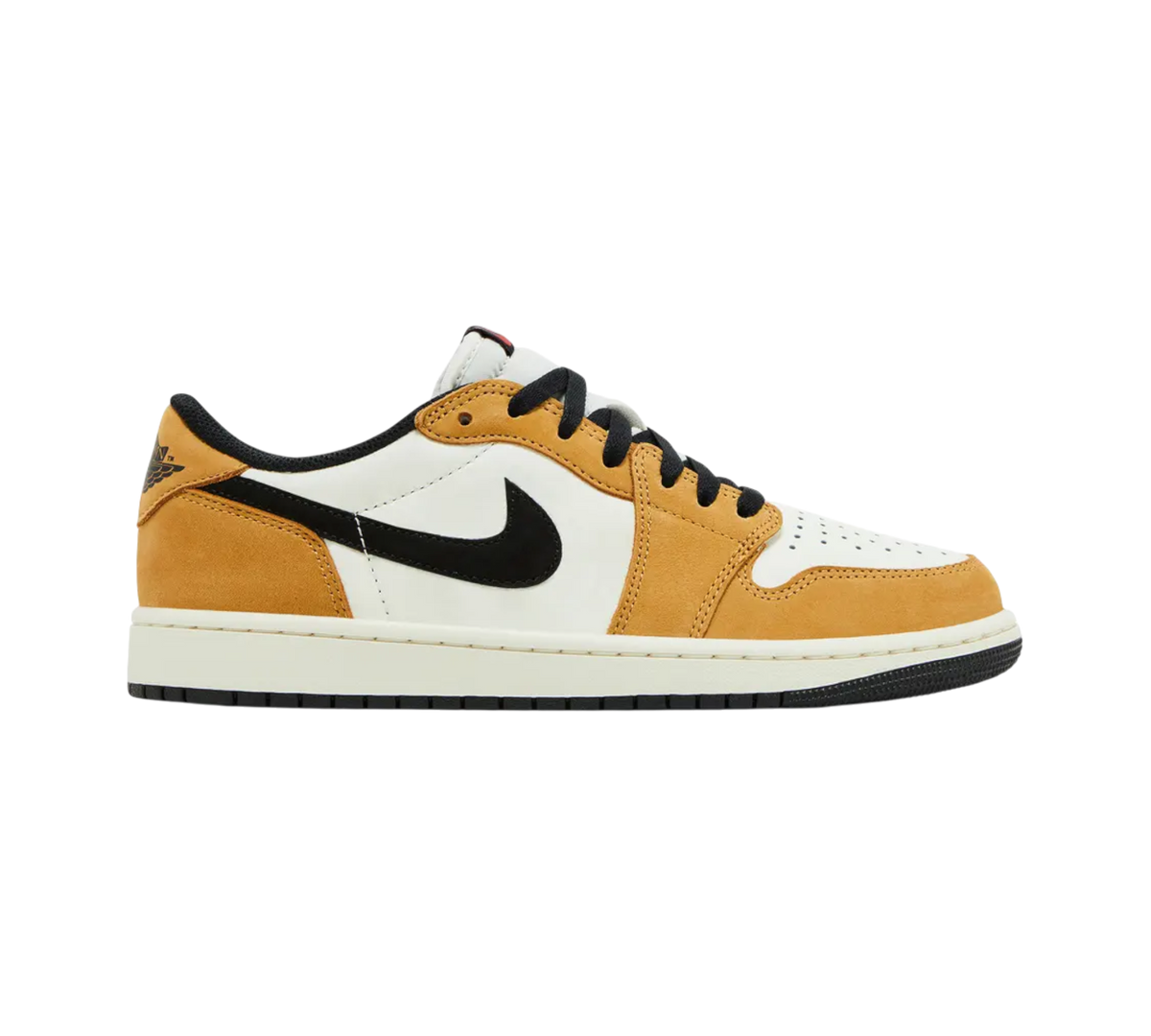 Genesis Boutique Air Jordan 1 Low 'Rookie of the Year' sneakers in white, tan suede, and black accents.