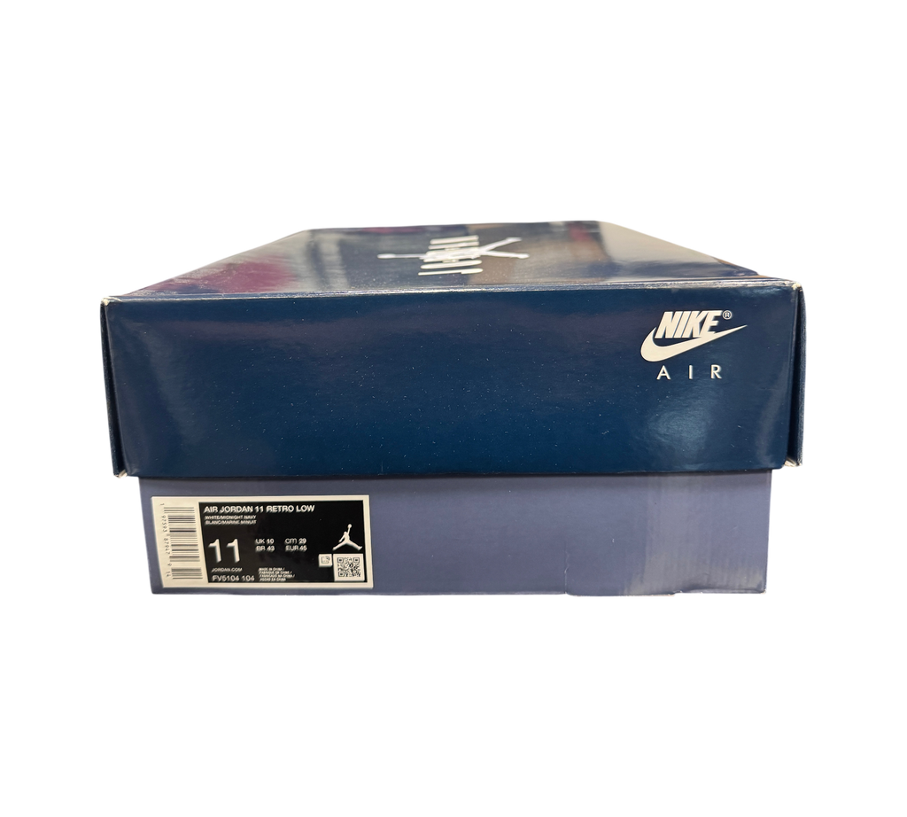 Genesis Boutique Air Jordan 11 Low Diffused Blue sneaker box with Nike Air branding on a dark blue lid