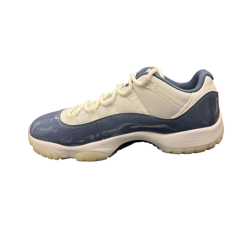 Genesis Boutique Air Jordan 11 Low Diffused Blue sneakers featuring white mesh and glossy blue patent leather