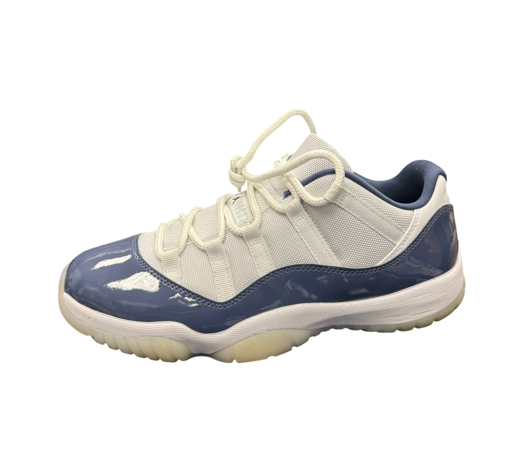 Genesis Boutique Air Jordan 11 Low Diffused Blue sneakers with white mesh upper and blue patent leather mudguard
