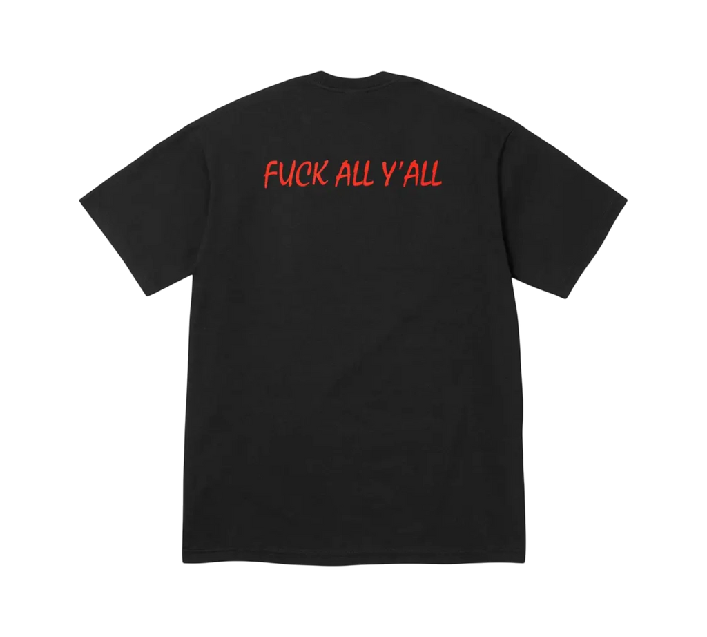 Genesis Boutique black cotton t-shirt with red 'FUCK ALL Y'ALL' graphic print on back.