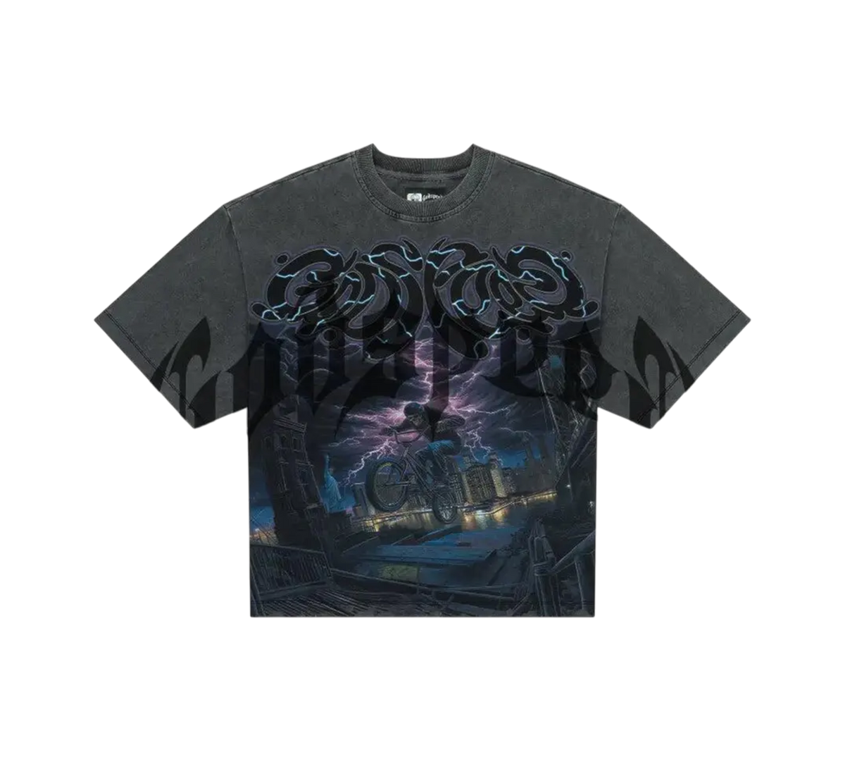 Genesis Boutique Godspeed BMX Grey Wash T-Shirt with a graphic print of a skeleton riding a BMX bike through a city at night during a thunderstorm.
