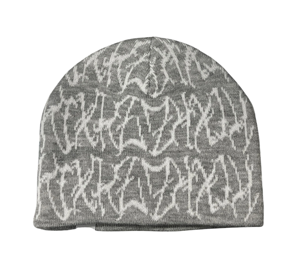 Genesis Boutique grey knit beanie with white abstract pattern, one size fits all.