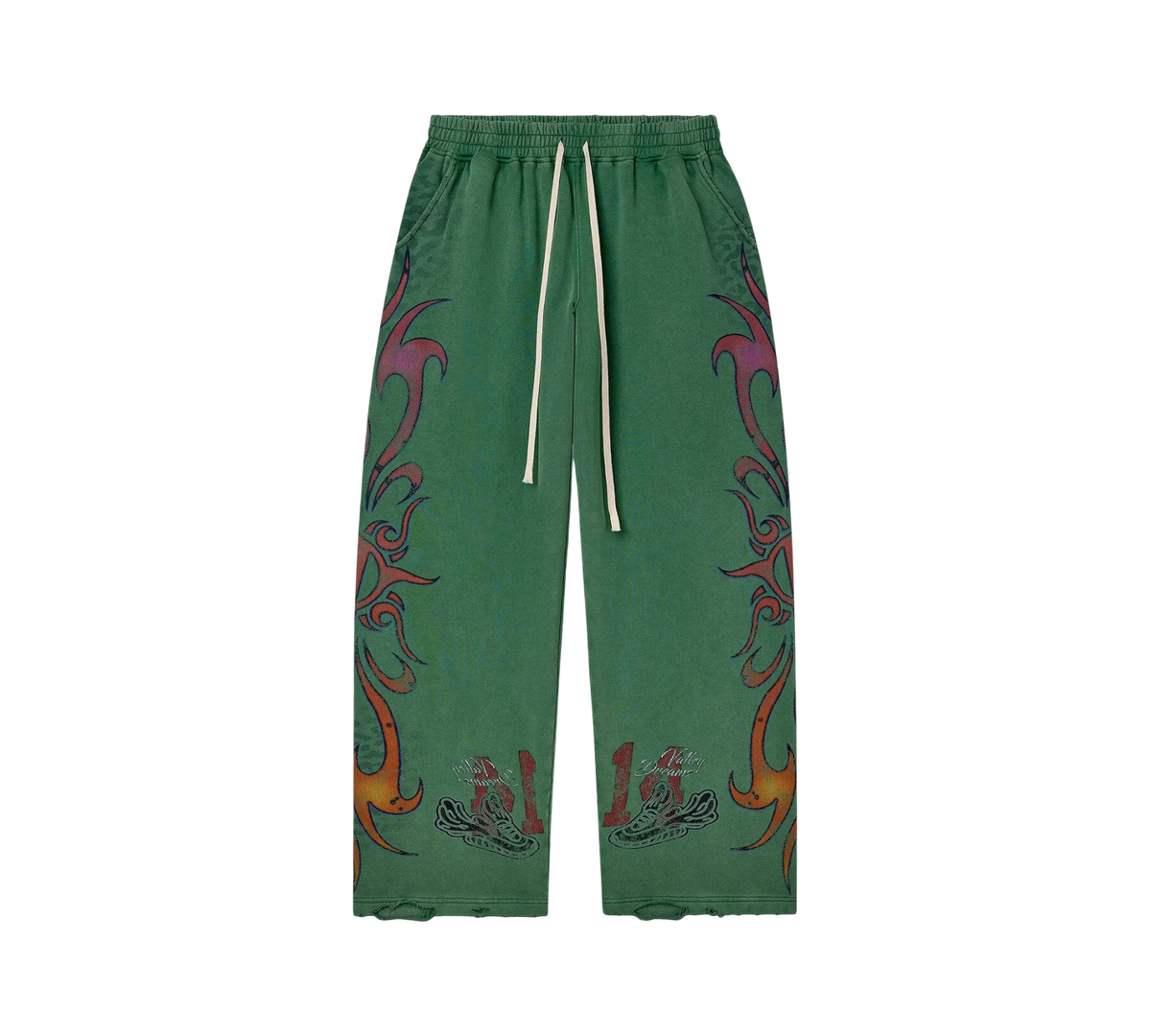 Genesis Boutique Vale Inferno wide-fit green sweatpants with flame-inspired graphic prints and drawstring waist