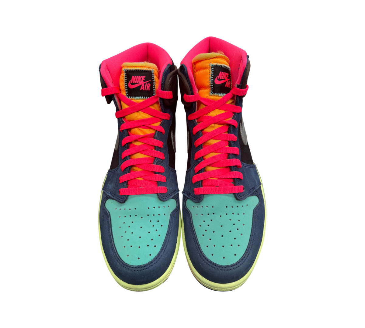 Genesis Boutique Jordan 1 High Biohack sneakers featuring multi-colored leather panels and bright pink laces