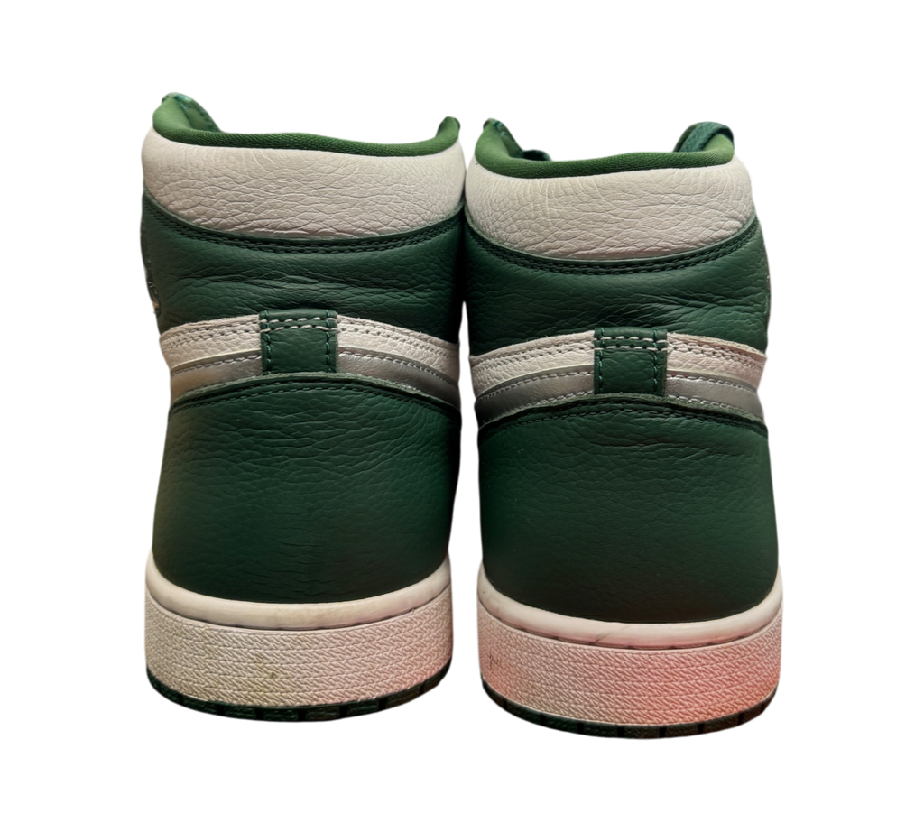 Genesis Boutique Jordan 1 Gorge Green sneakers, back view showing green and white leather texture and heel detail.