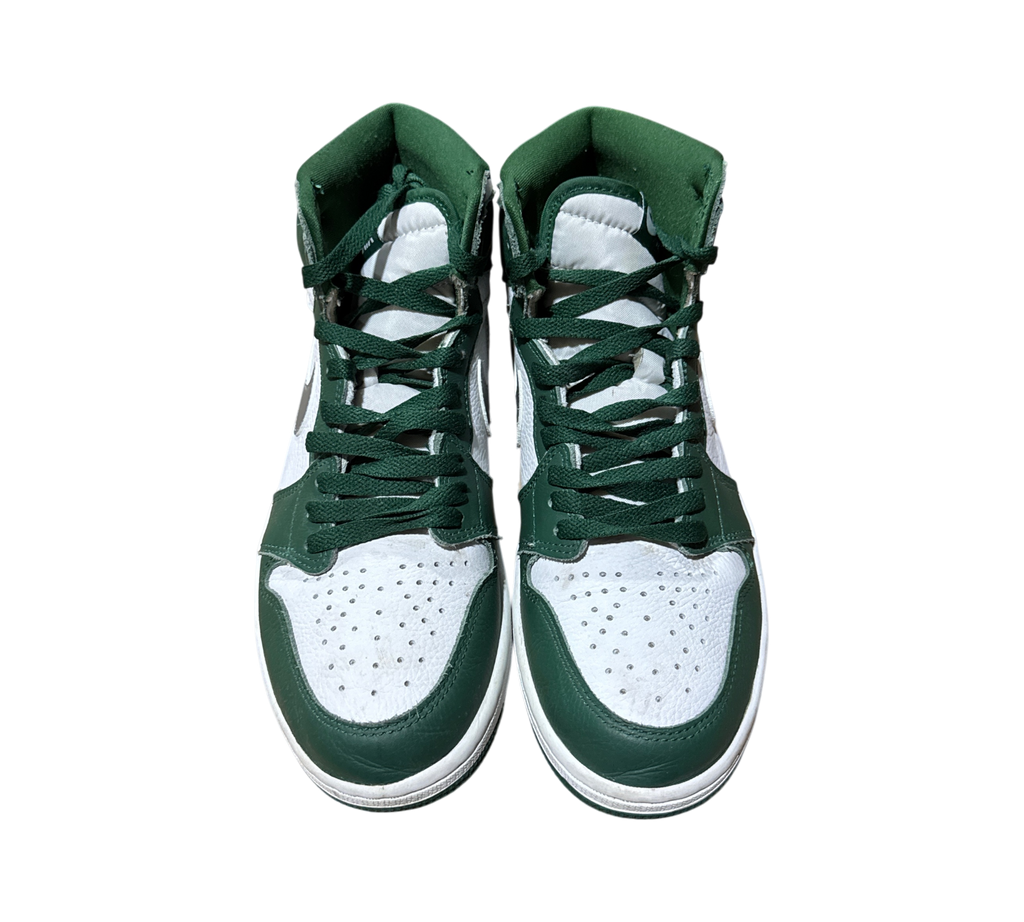 Genesis Boutique Jordan 1 Gorge Green high-top sneakers in white and green leather with visible toe box creasing