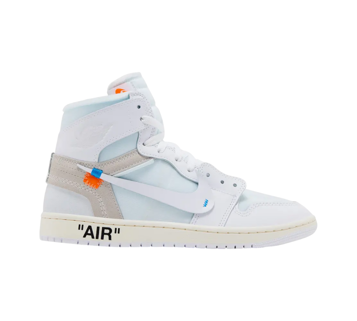 Genesis Boutique Air Jordan 1 High Virgil Abloh Archive Alaska sneakers with white leather and blue translucent panels.