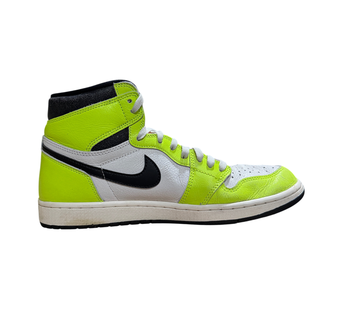 Genesis Boutique used Jordan 1 High Visionaire sneakers in neon yellow, white, and black leather side profile view