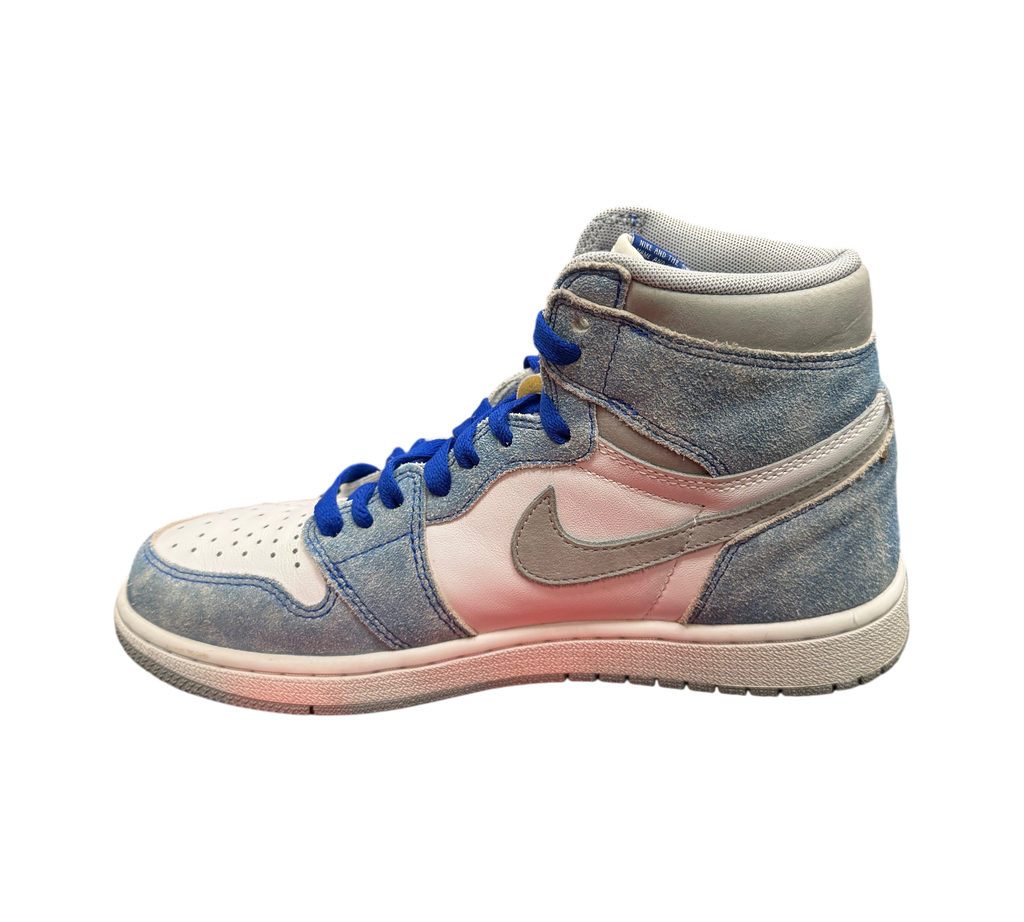 Genesis Boutique Jordan 1 GS Hyper Royal sneaker in blue and white suede with blue laces, side profile view.