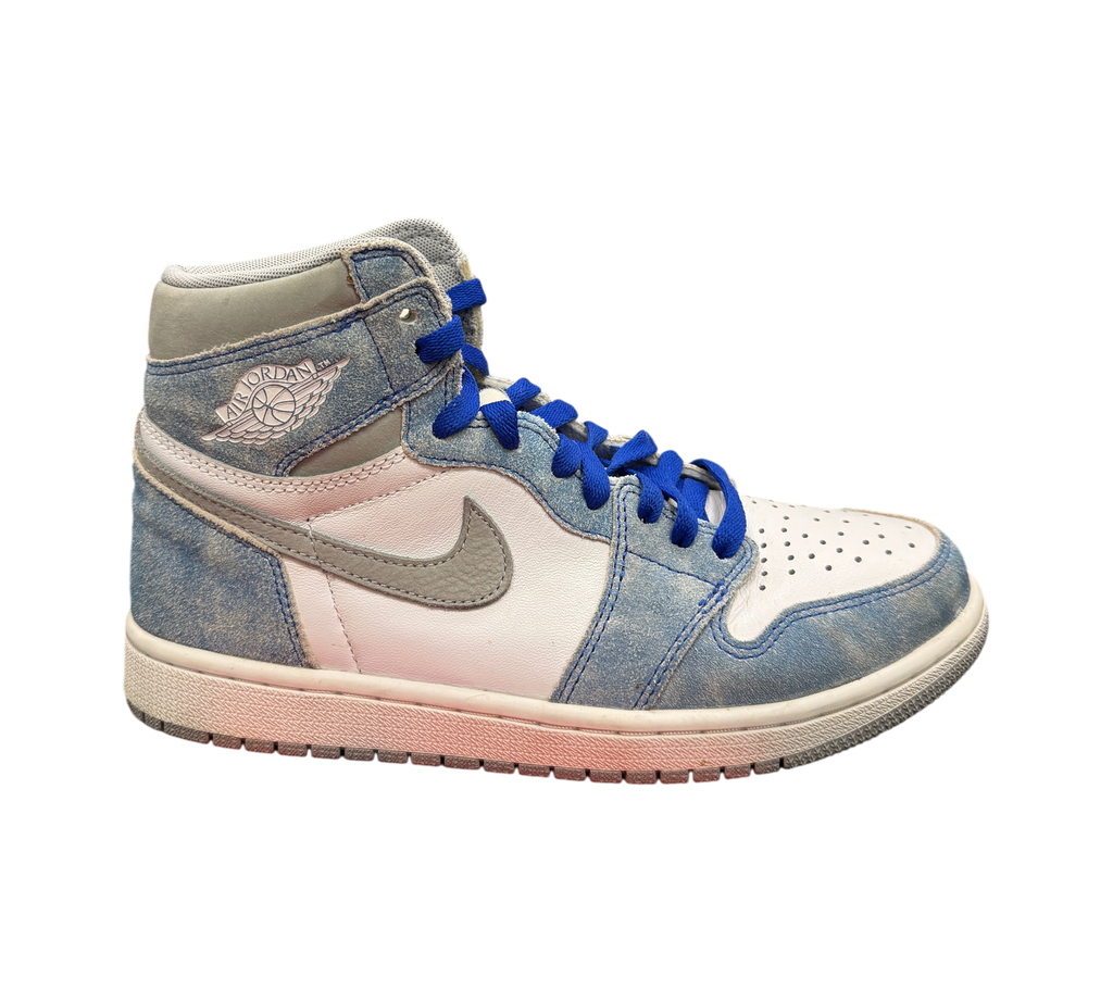 Genesis Boutique Jordan 1 GS Hyper Royal sneakers featuring distressed blue suede and white leather side profile