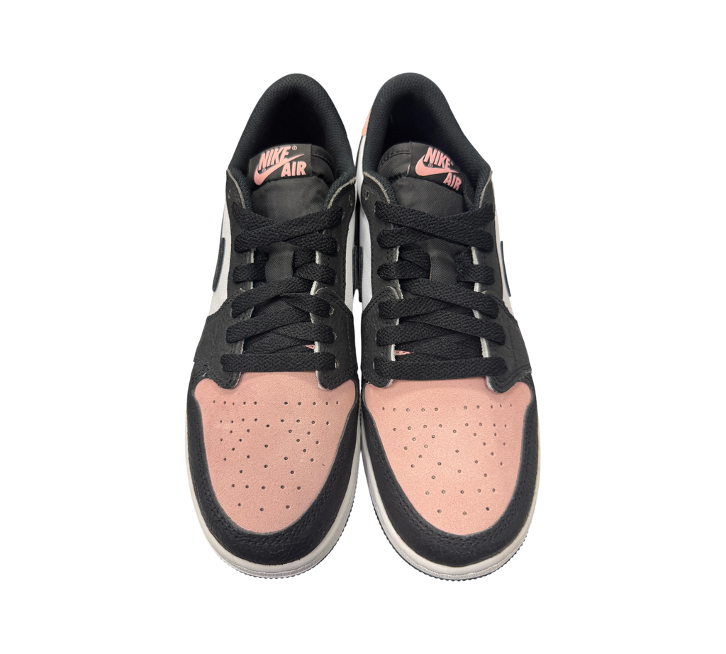 Genesis Boutique Jordan 1 Low GS Bleached Coral sneakers featuring black leather and pink suede panels