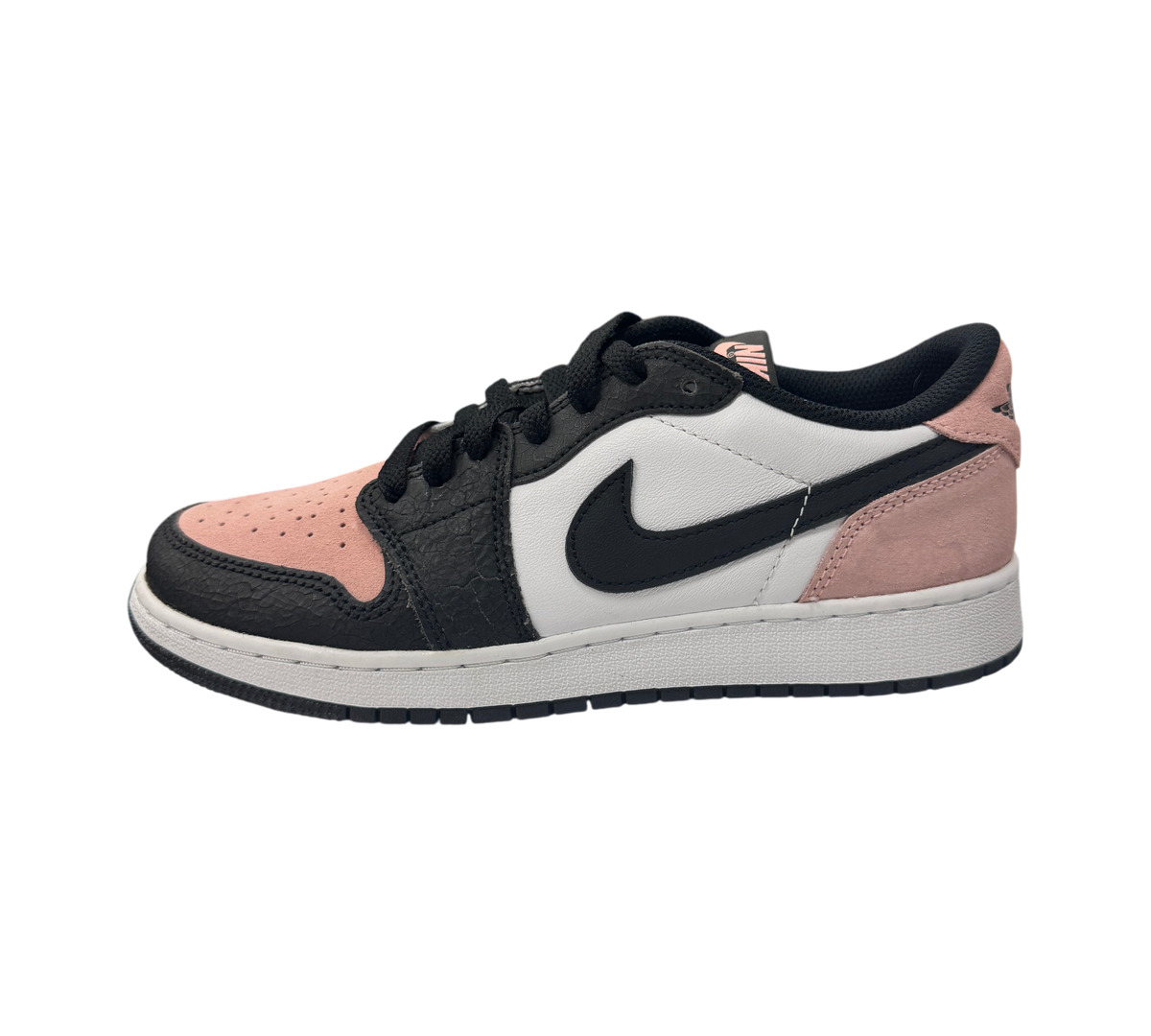 Genesis Boutique Jordan 1 Low Bleached Coral sneakers in black, white, and pink suede and leather side profile