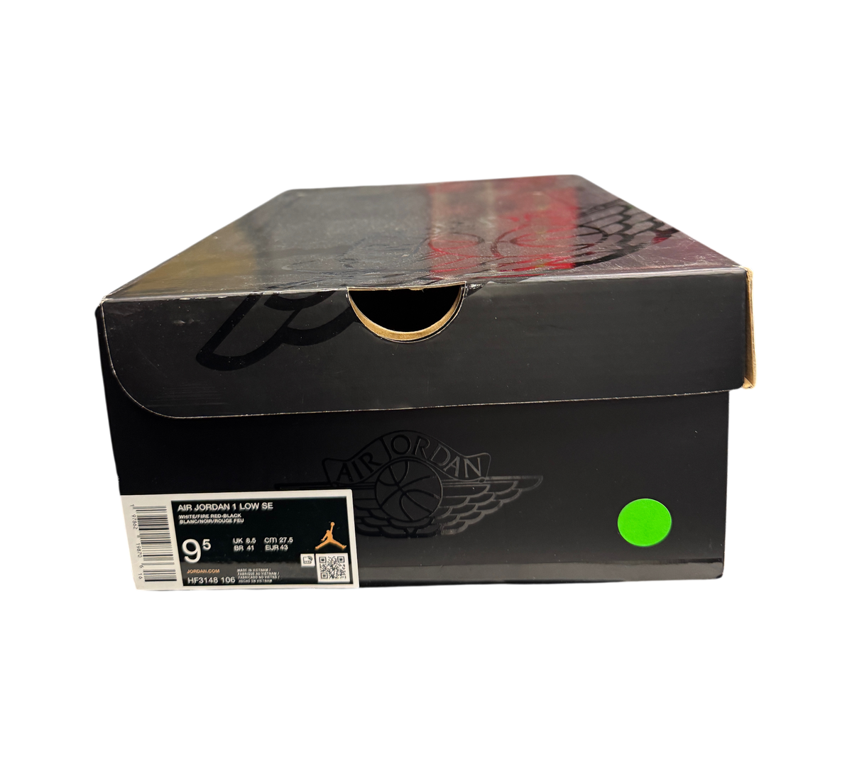 Genesis Boutique Jordan 1 Low White Fire Red Black Matte Silver shoe box with size 9.5 label