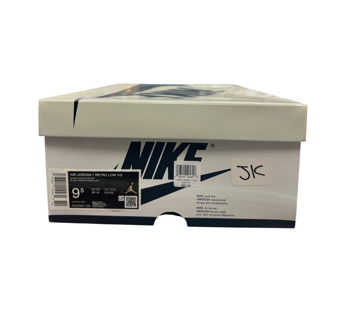 Genesis Boutique Jordan 1 Low Howard Uni sneaker box with size label and branding on a black background