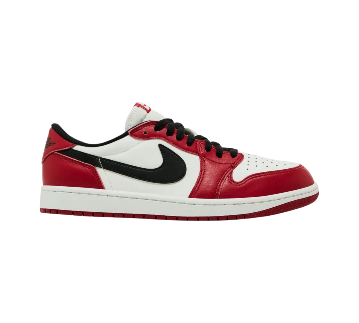Genesis Boutique Jordan 1 Low OG Chicago sneakers with white leather, red overlays, and black accents.