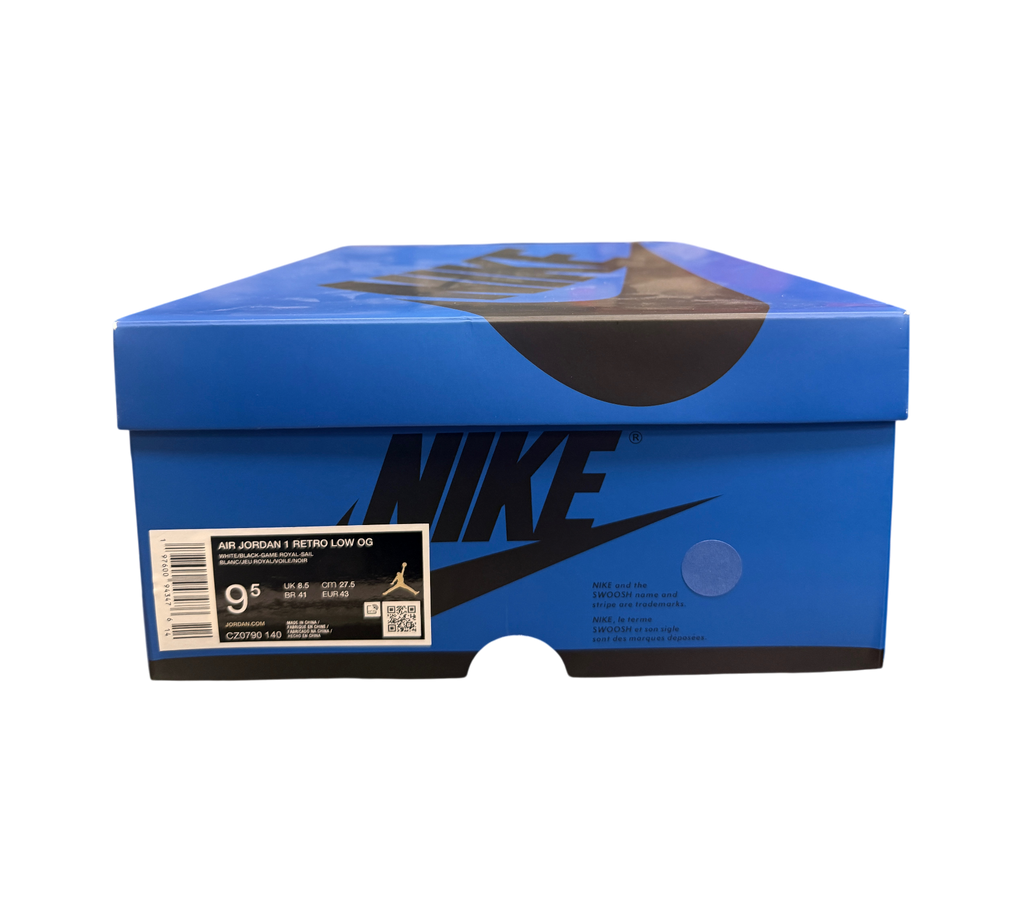 Genesis Boutique Jordan 1 Low Game Royal sneaker box, blue with black Nike logo and text.