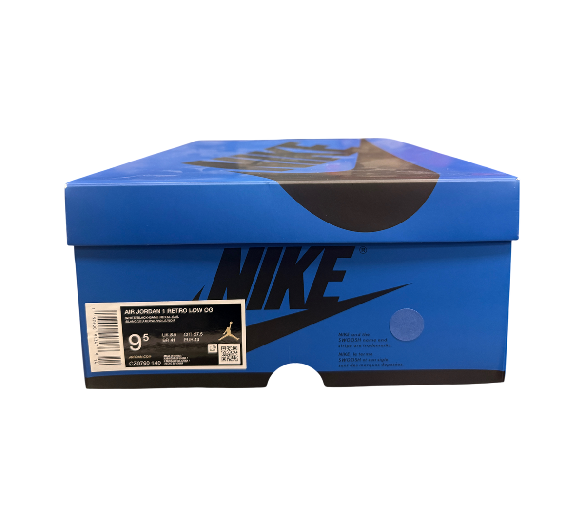Genesis Boutique Jordan 1 Low Game Royal sneaker box, blue with black Nike logo and text.
