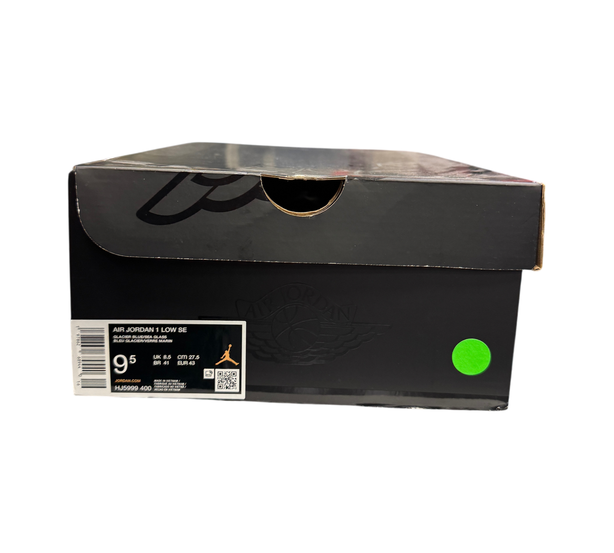 Genesis Boutique Jordan 1 Low Glacier Summit White shoe box with size 9.5 label and black branding details