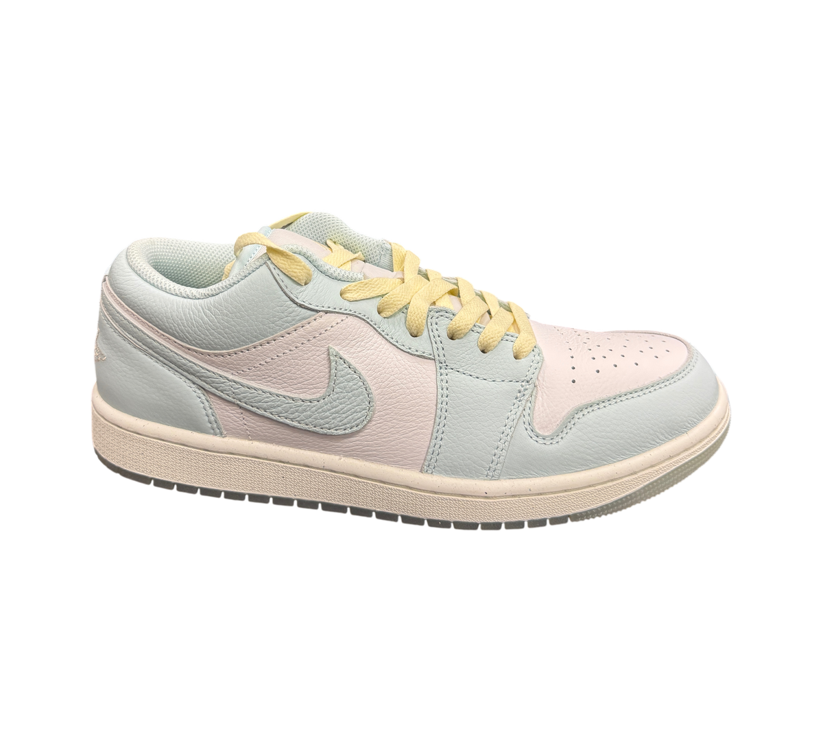Genesis Boutique Jordan 1 Low Glacier Summit White sneakers in pastel blue and white leather with yellow laces