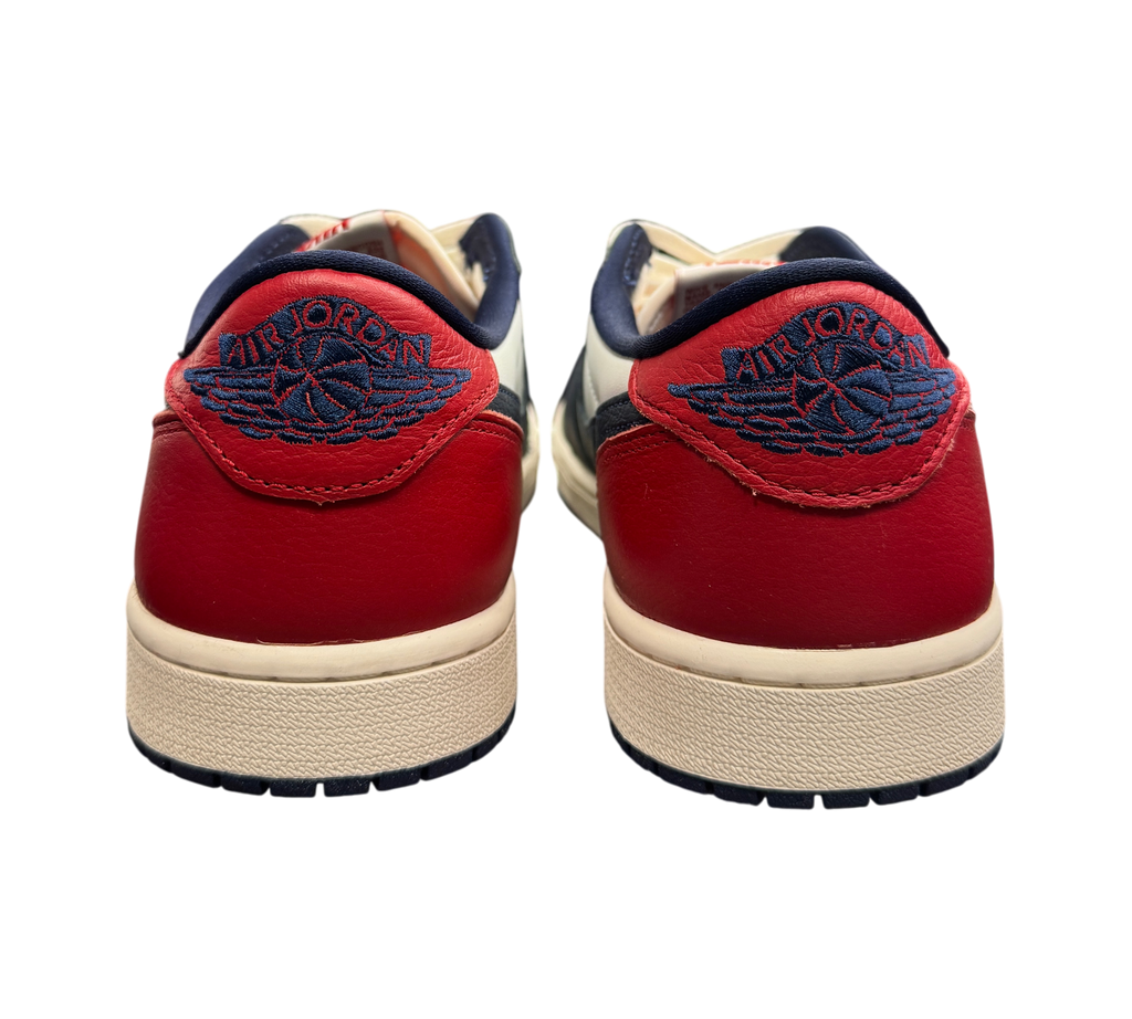 Genesis Boutique Jordan 1 Low Howard Uni sneakers showing red leather heels with blue embroidered Air Jordan logos