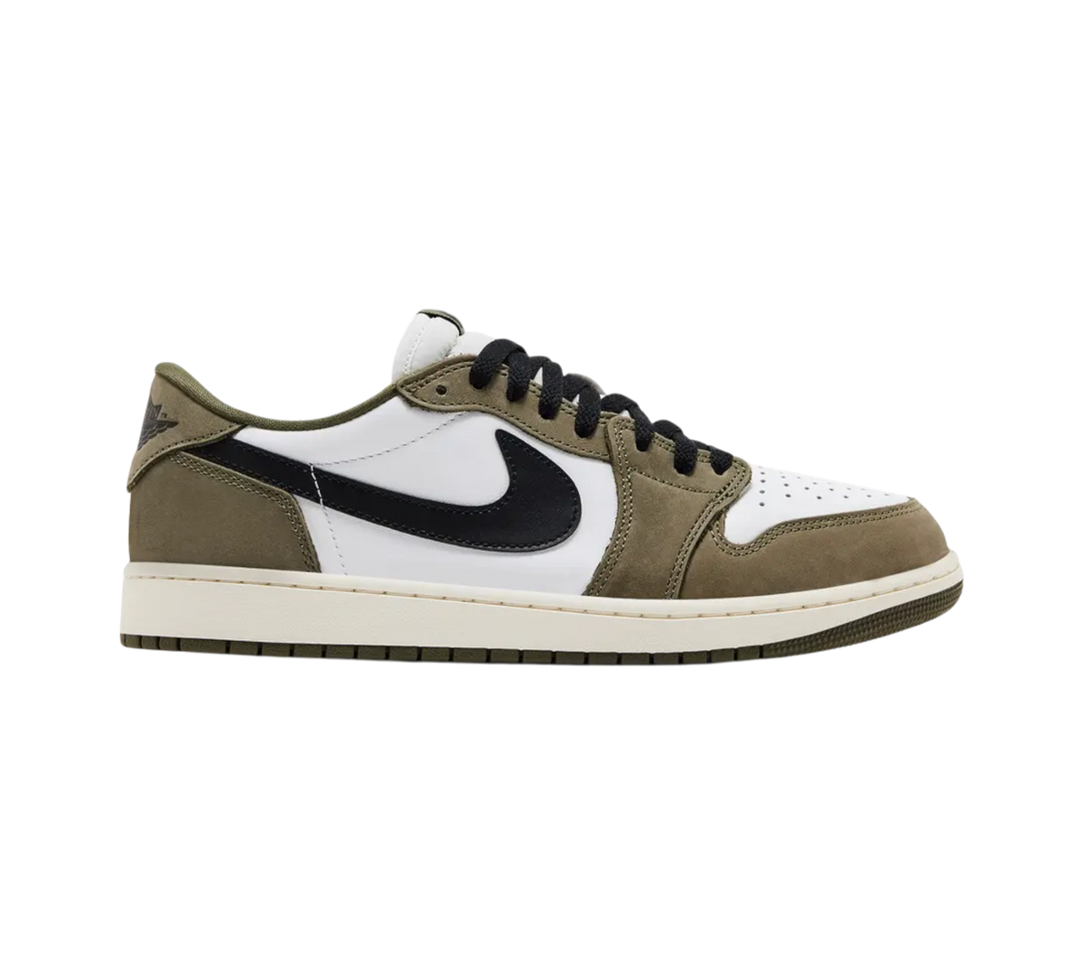 Genesis Boutique Jordan 1 Low OG Medium Olive sneakers featuring white leather, olive suede overlays, and black swoosh