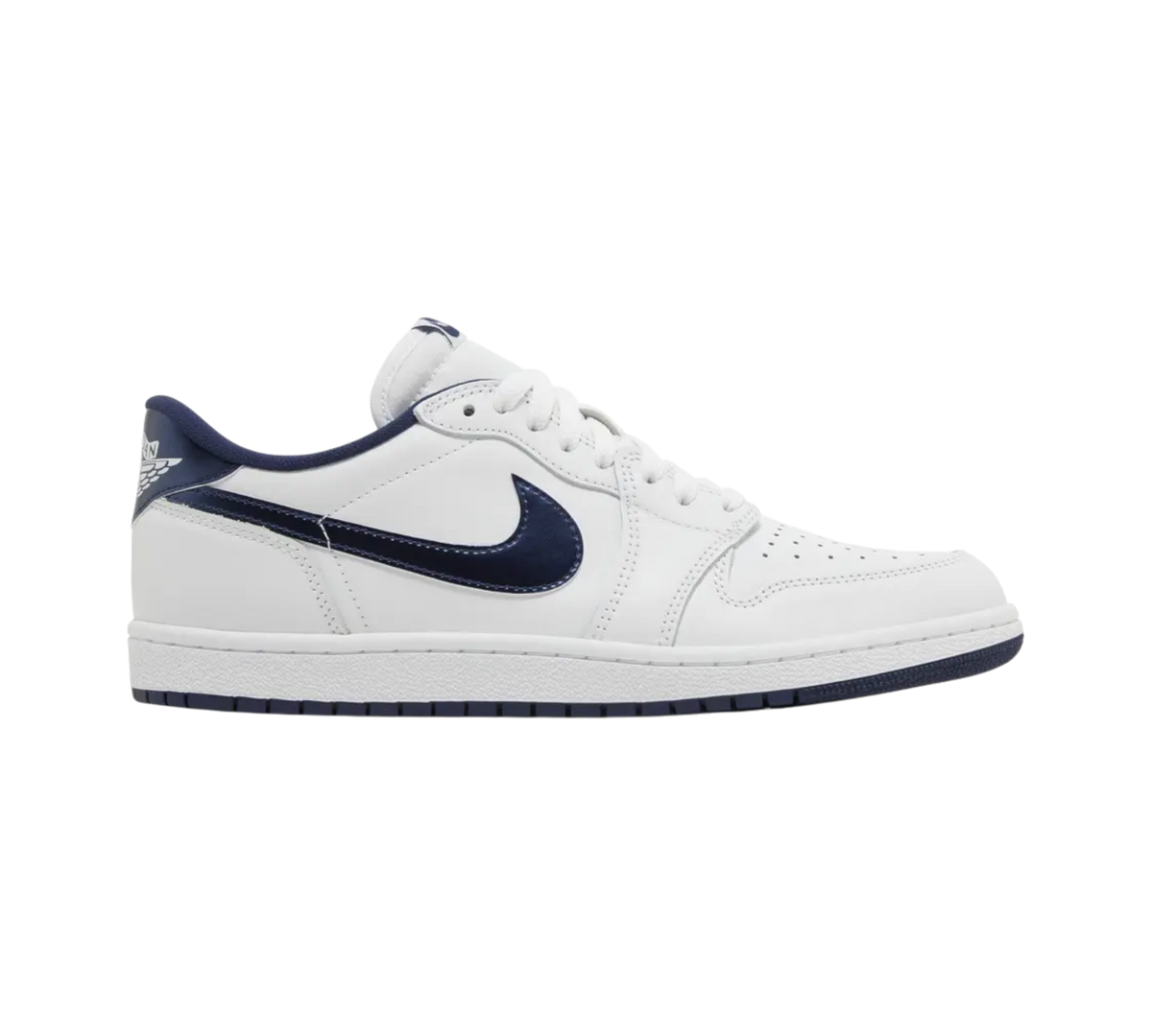 Genesis Boutique Jordan 1 Low Metallic Blue leather sneakers with navy swoosh and heel tab.