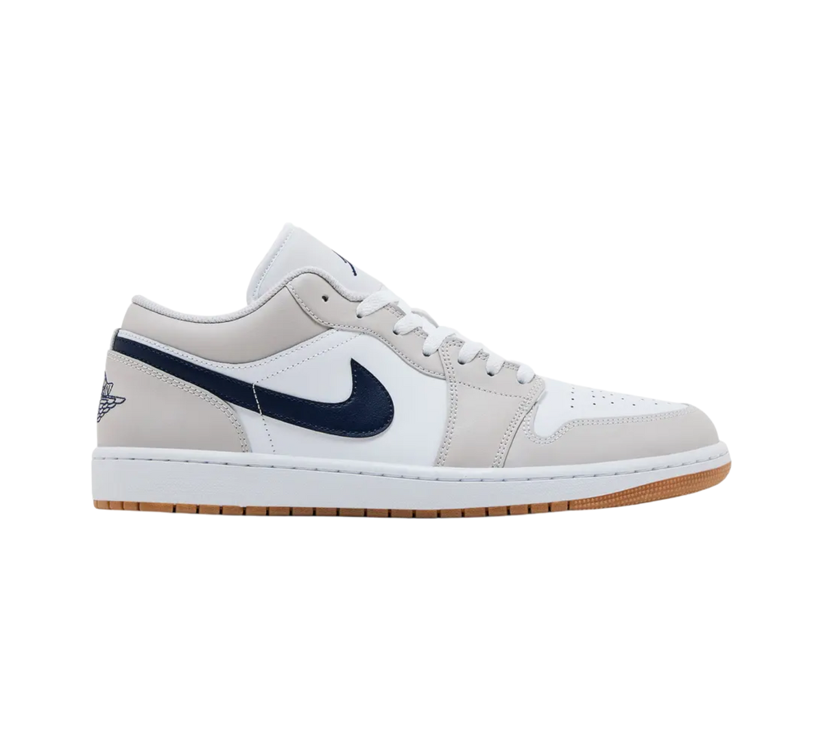 Genesis Boutique Jordan 1 Low Midnight Navy Neutral Grey sneakers with white leather and grey overlays.