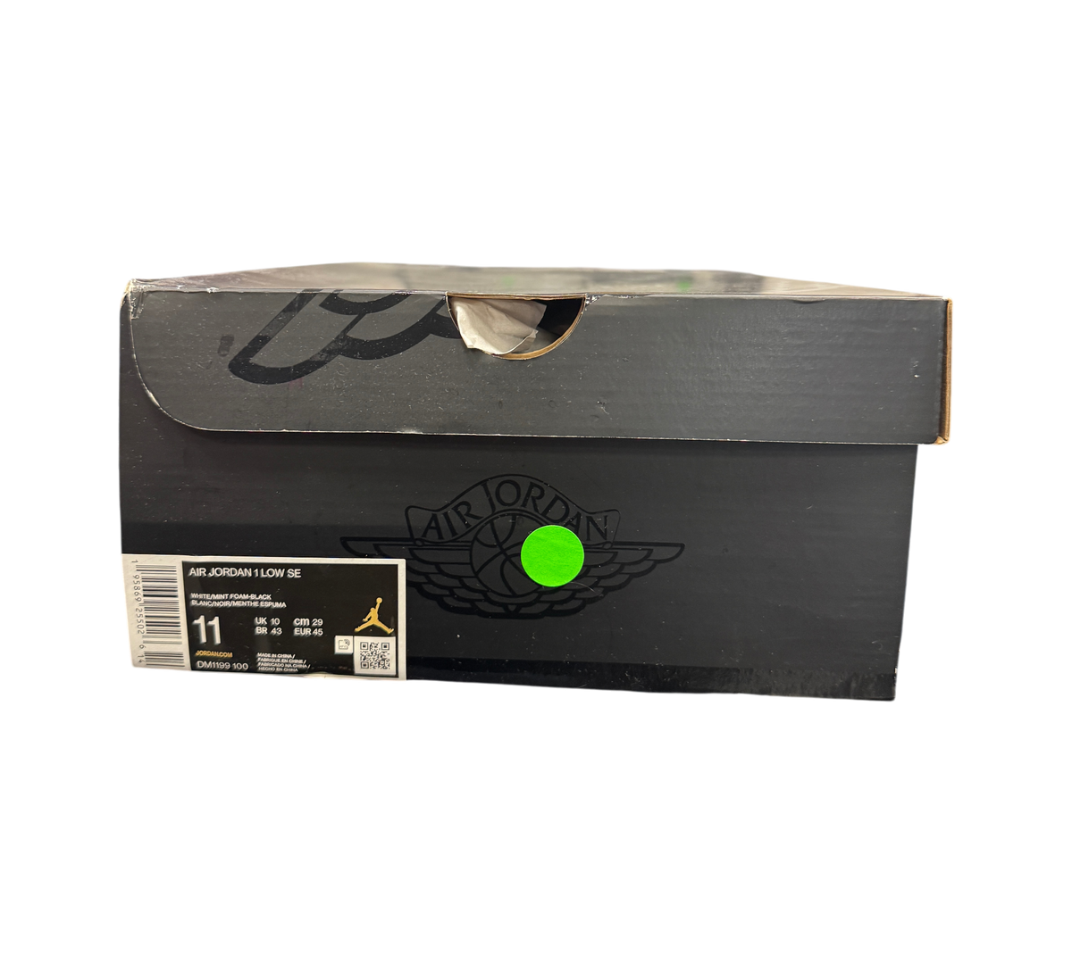 Genesis Boutique Jordan 1 Low Mint Foam shoe box with size 11 label and Air Jordan logo on black cardboard