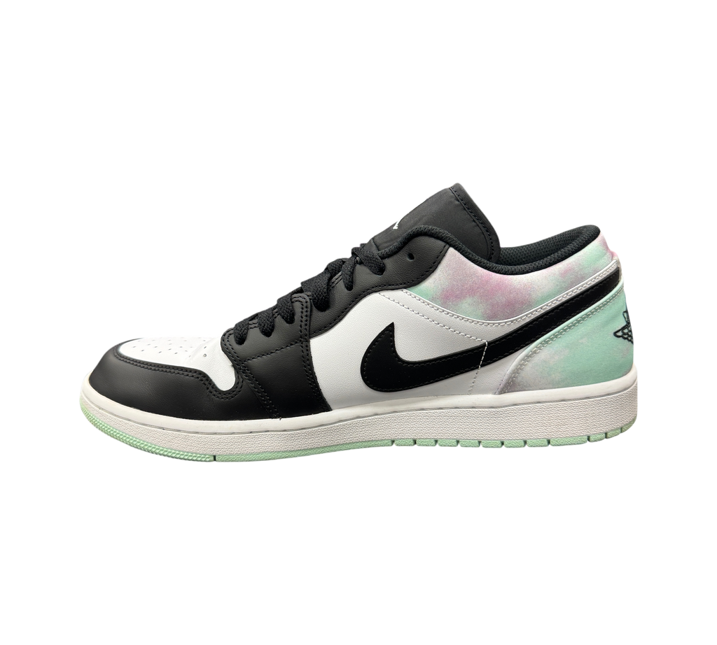 Genesis Boutique Jordan 1 Low Mint Foam sneaker featuring black leather overlays, white base, and tie-dye heel detail.