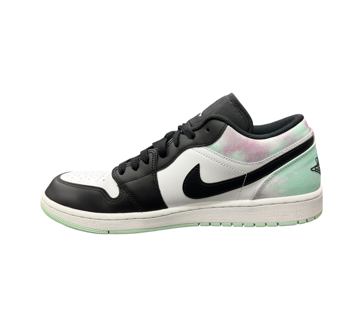 Genesis Boutique Jordan 1 Low Mint Foam sneaker featuring black leather overlays, white base, and tie-dye heel detail.