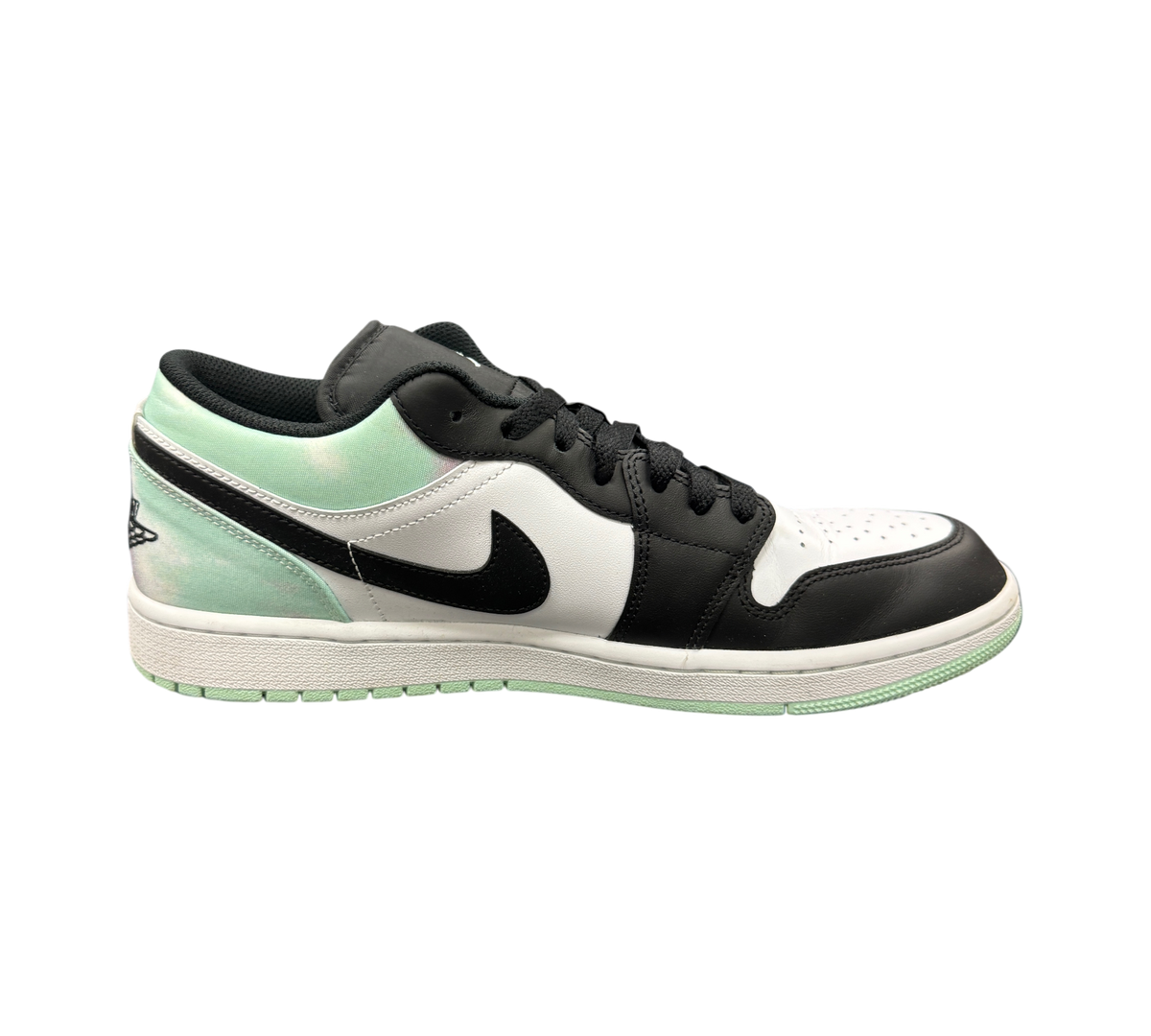 Genesis Boutique Jordan 1 Low Mint Foam sneakers featuring white, black, and mint green leather panels.