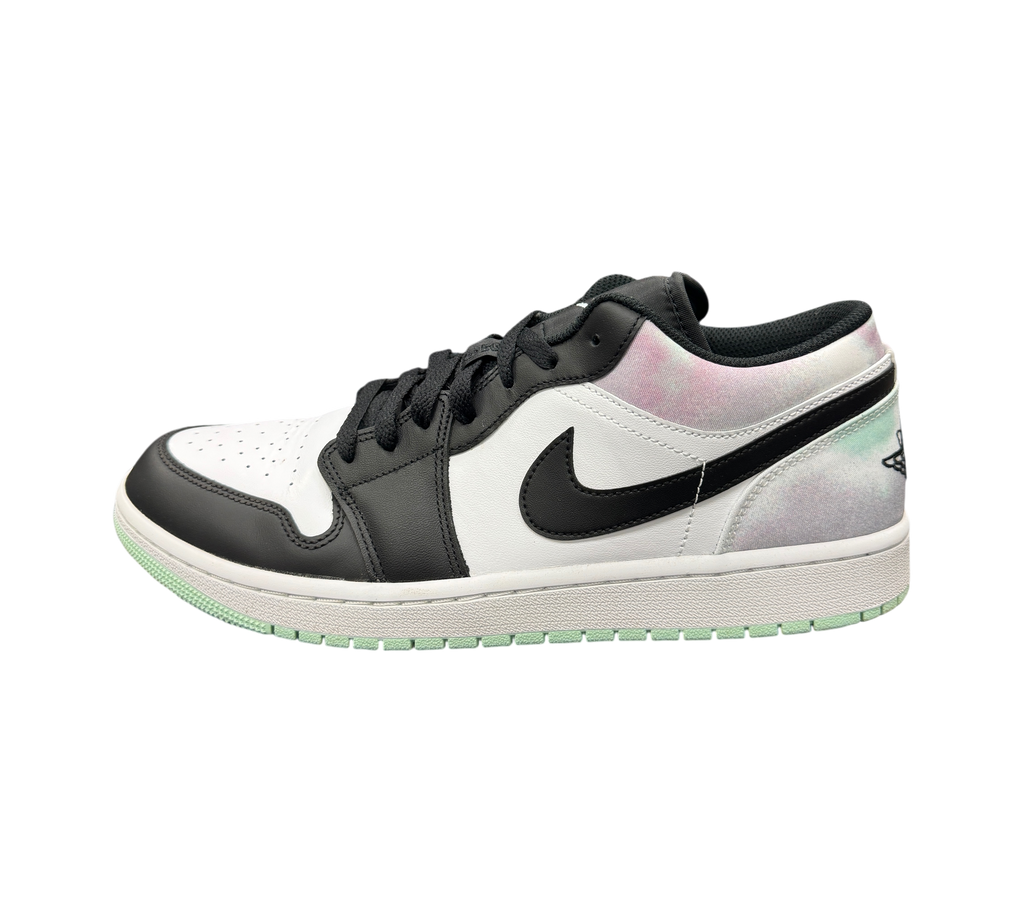 Genesis Boutique Jordan 1 Low Mint Foam sneaker featuring black leather overlays, white base, and pastel tie-dye heel.