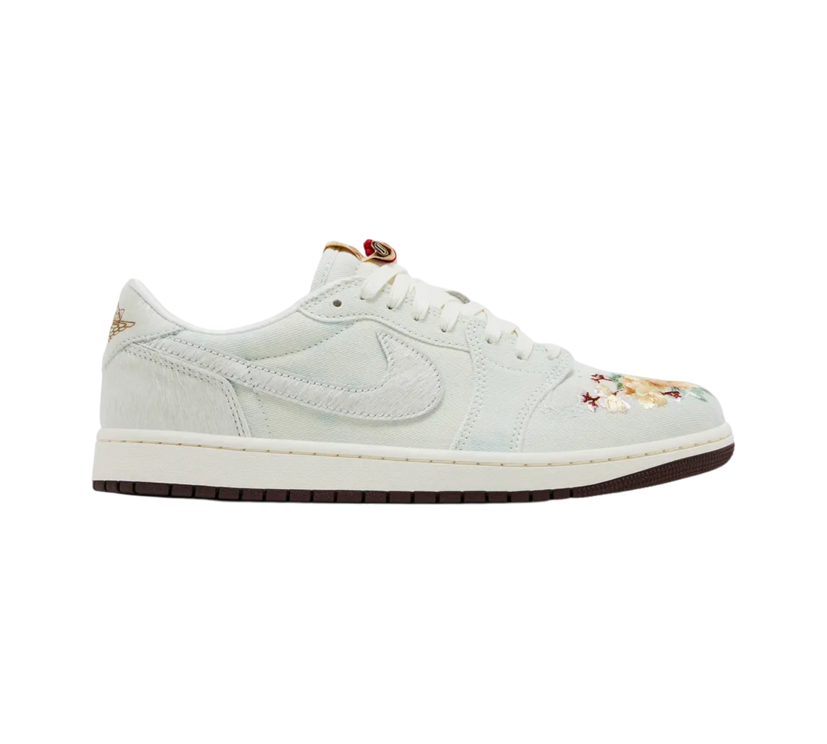 Genesis Boutique Jordan 1 Low OG Chinese New Year sneakers in light blue denim with floral embroidery and furry accents.