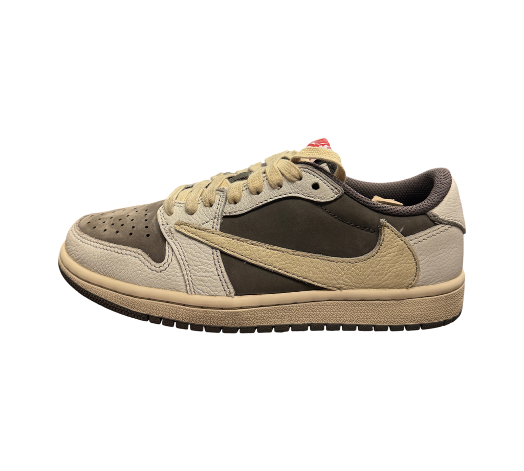 Genesis Boutique Jordan 1 Low Travis Scott Reverse Mocha sneakers in brown and off-white leather with reverse swoosh