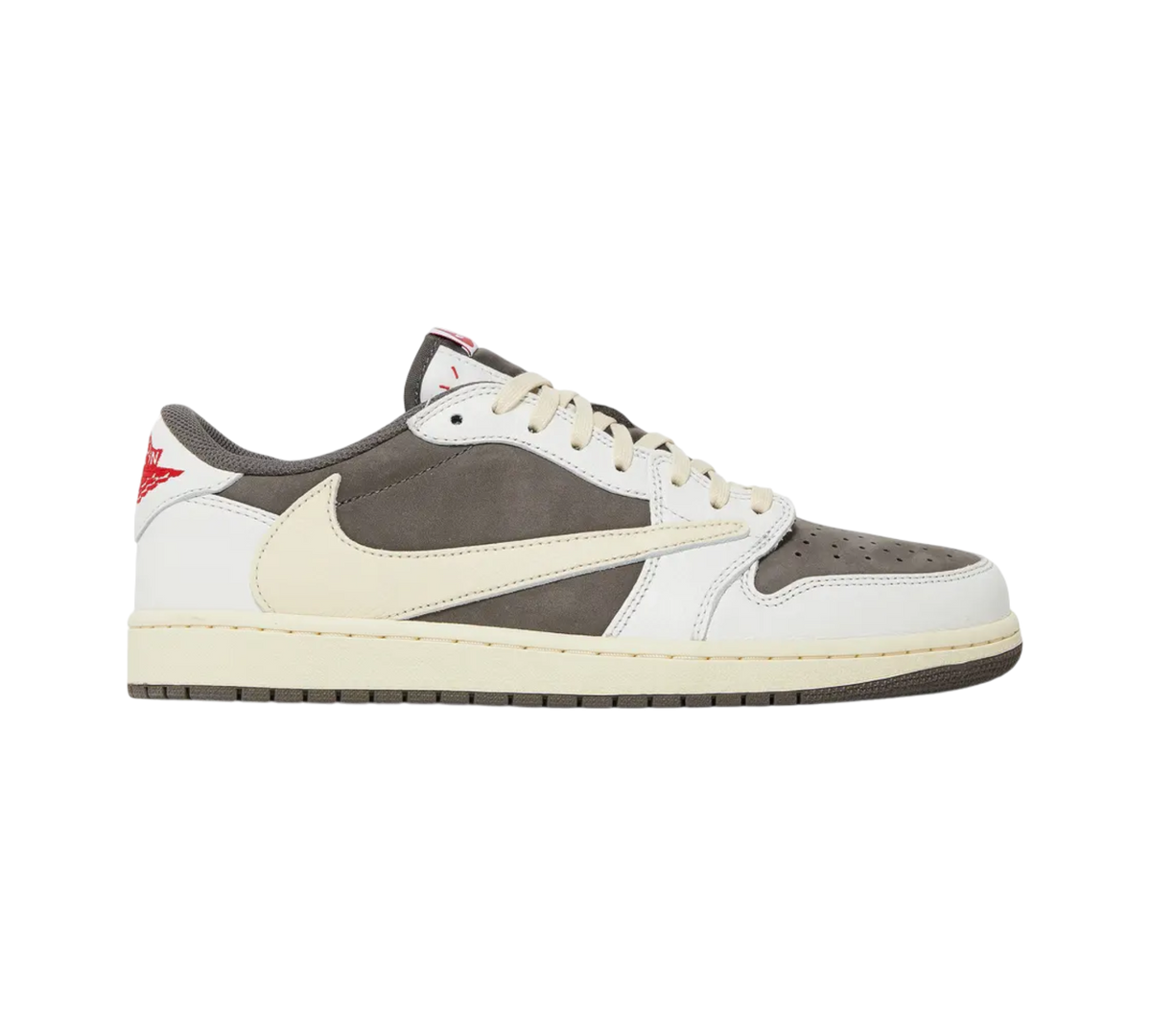 Genesis Boutique Jordan 1 Low Travis Reverse Mocha sneakers in white, grey suede, and cream with red accents.