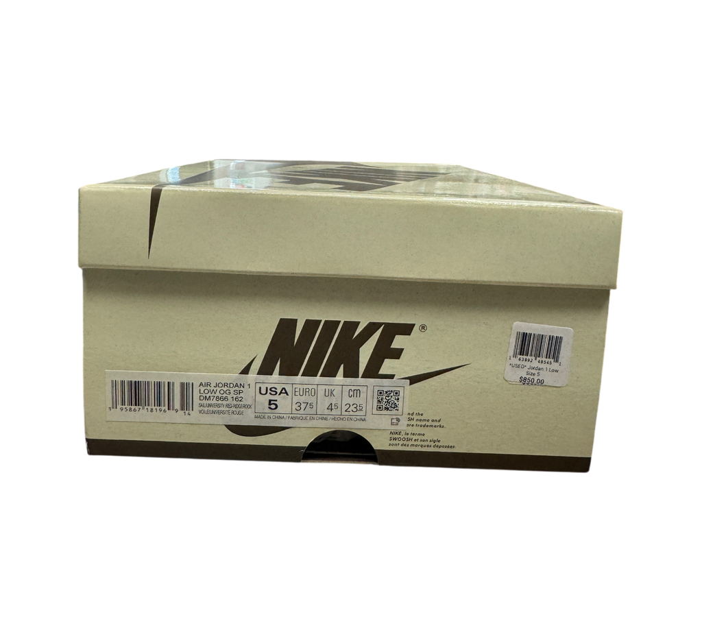 Genesis Boutique Jordan 1 Low Travis Scott Reverse Mocha sneaker box with size 5 label