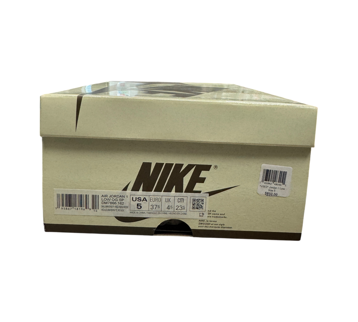 Genesis Boutique Jordan 1 Low Travis Scott Reverse Mocha sneaker box with size 5 label